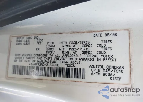 1998 Toyota Tacoma Base V6 from USA, damaged, VIN 4TAWN72N2WZ157302